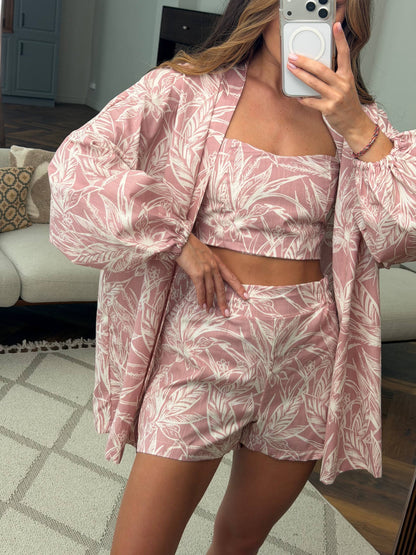Pink Leaf Print Linen Three Piece Suit Women Summer Linen Set Shorts Top Overshirt