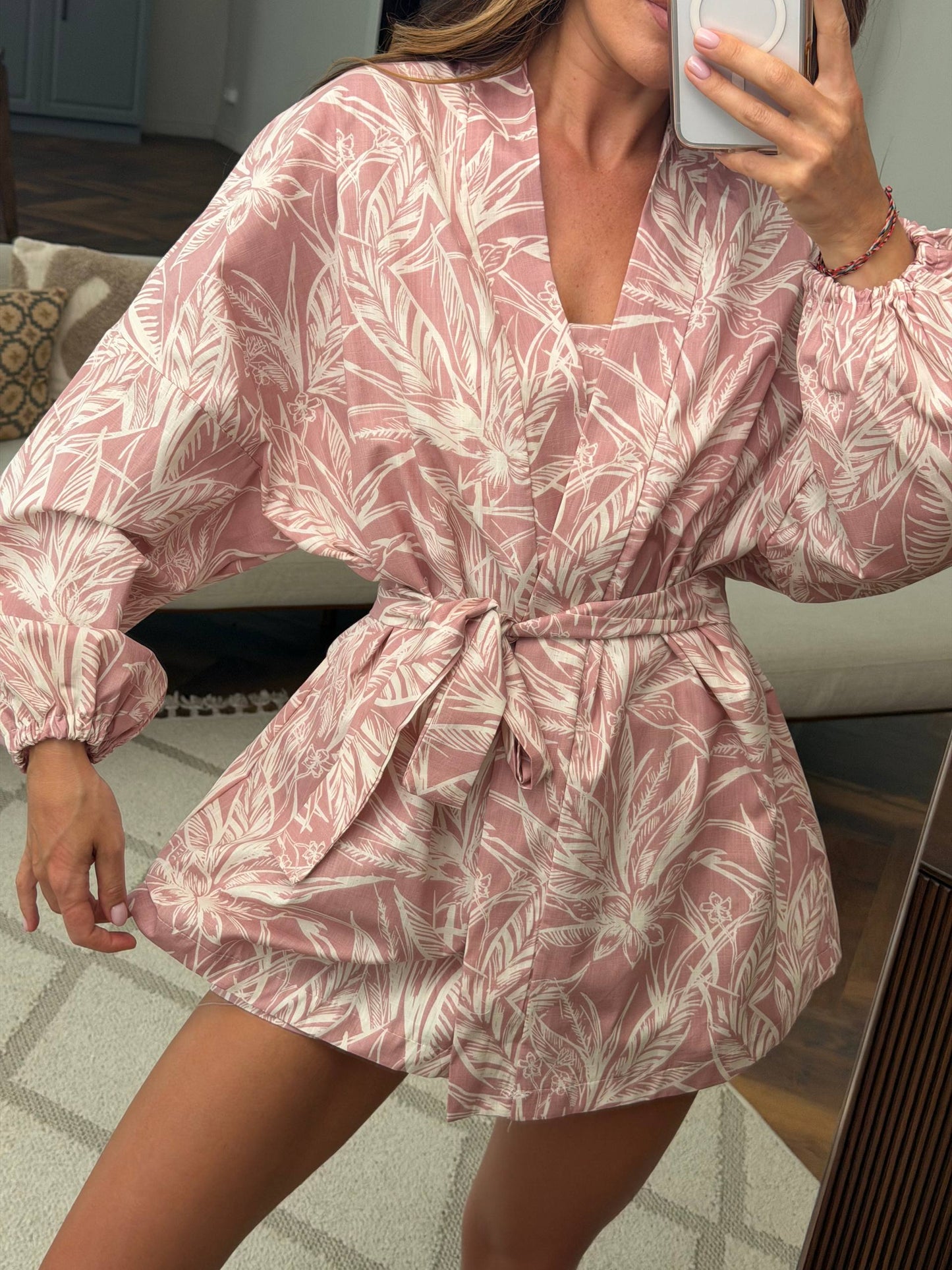 Pink Leaf Print Linen Three Piece Suit Women Summer Linen Set Shorts Top Overshirt