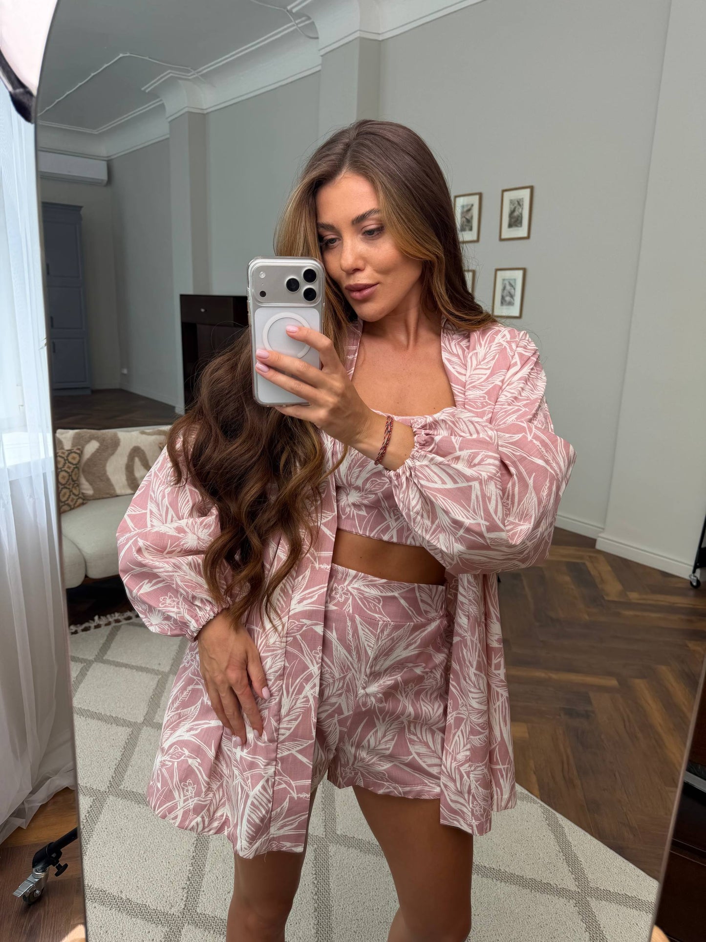 Pink Leaf Print Linen Three Piece Suit Women Summer Linen Set Shorts Top Overshirt