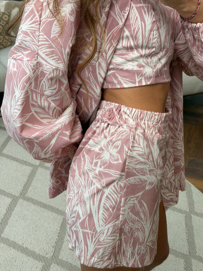 Pink Leaf Print Linen Three Piece Suit Women Summer Linen Set Shorts Top Overshirt