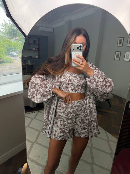 Three Piece Linen Set Women Floral Print Shorts Top Shirt Summer
