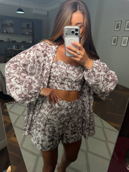 Three Piece Linen Set Women Floral Print Shorts Top Shirt Summer