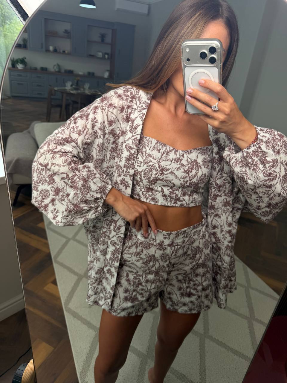 Three Piece Linen Set Women Floral Print Shorts Top Shirt Summer
