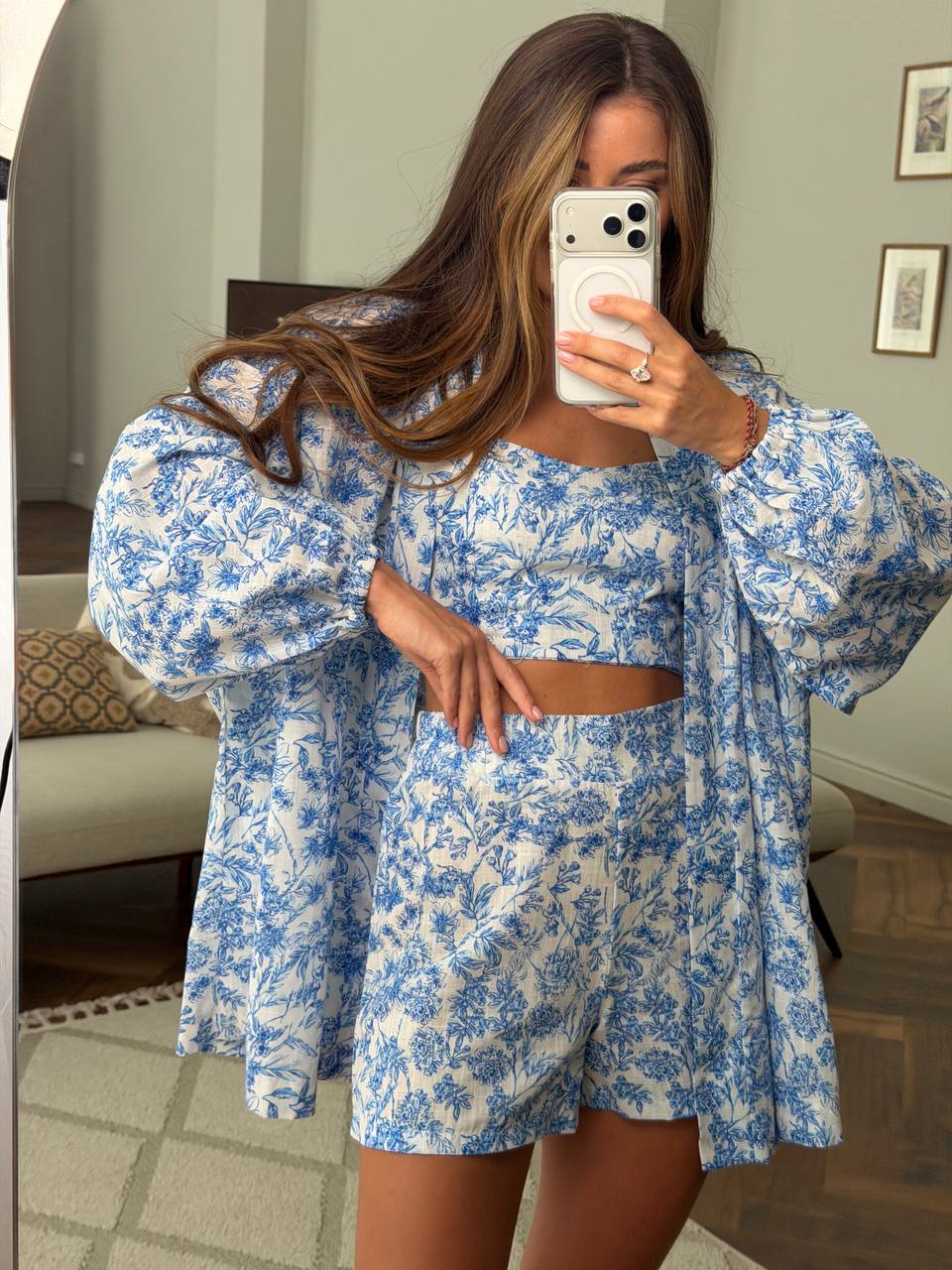 Womens Linen Three Piece Suit Blue Floral Crop Top Shorts Shirt Set