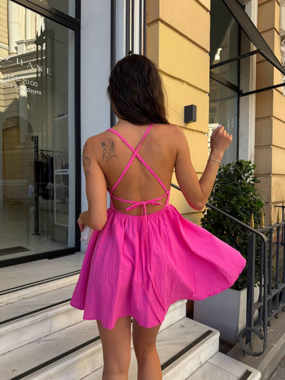 Fuchsia Linen Sundress Adjustable Straps Back Elastic Summer Mini Sarafan