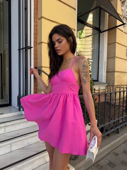 Fuchsia Linen Sundress Adjustable Straps Back Elastic Summer Mini Sarafan