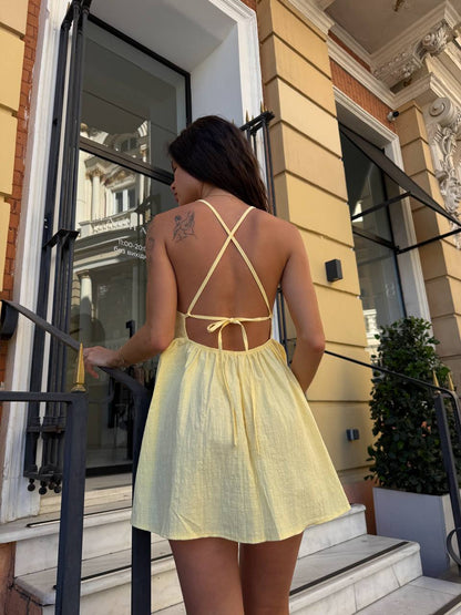 Yellow Linen Sundress Adjustable Straps Lightweight A Line Summer Dress
