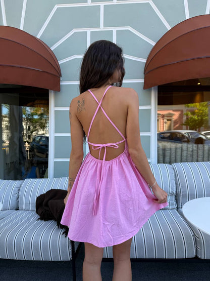 Pink Linen Sarafan Dress Lightweight Adjustable Straps Elastic Back Summer Sundress
