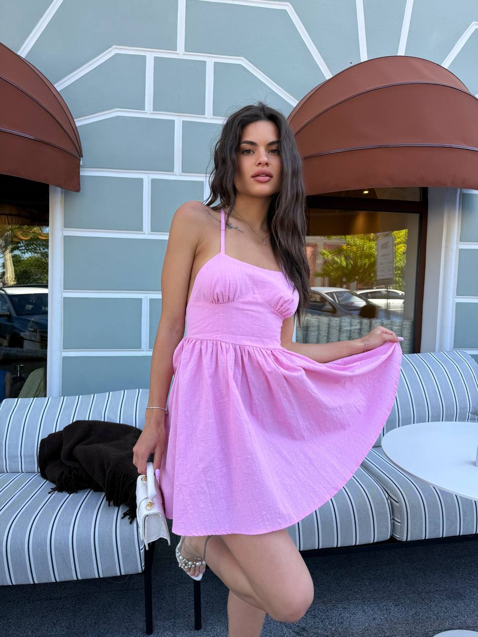 Pink Linen Sarafan Dress Lightweight Adjustable Straps Elastic Back Summer Sundress