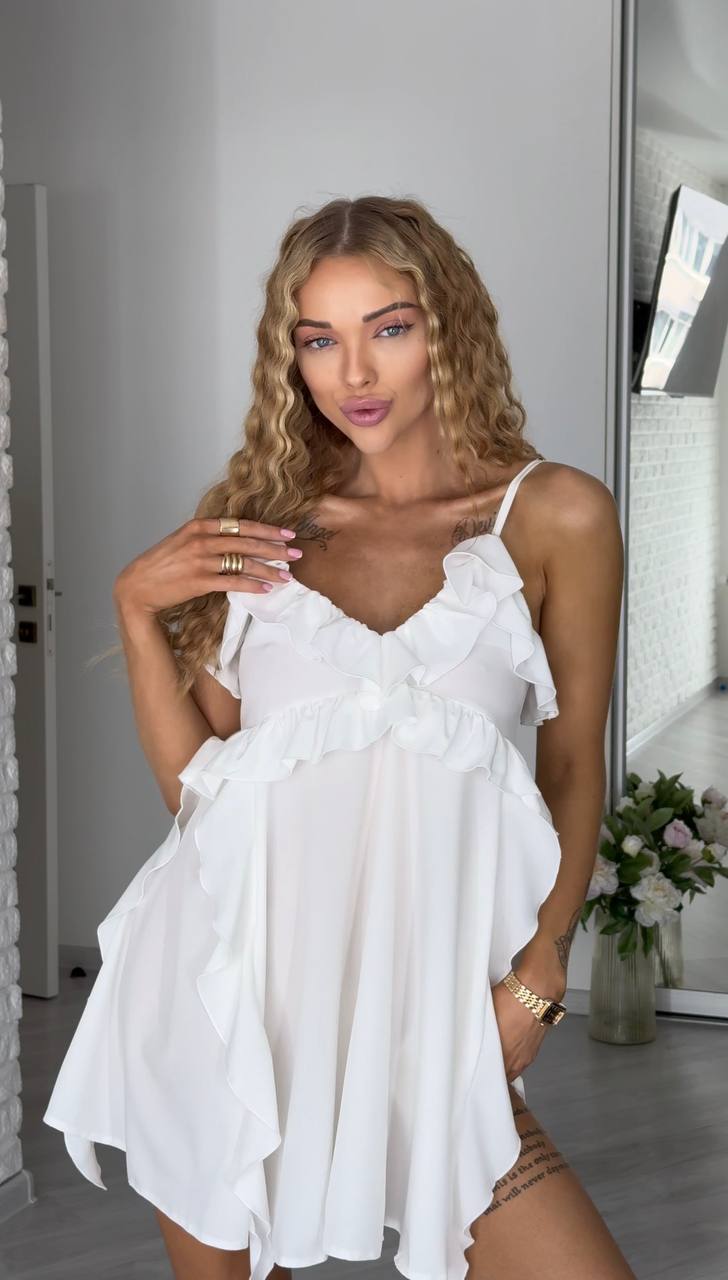 White Boho Sarafan Dress Ruffle Sundress Adjustable Straps Soft Fabric