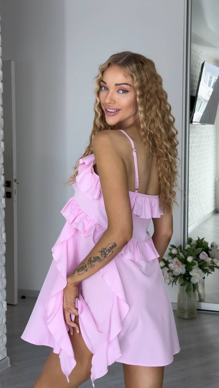 Boho Ruffle Pink Sarafan Dress Lightweight Soft Fabric Adjustable Straps