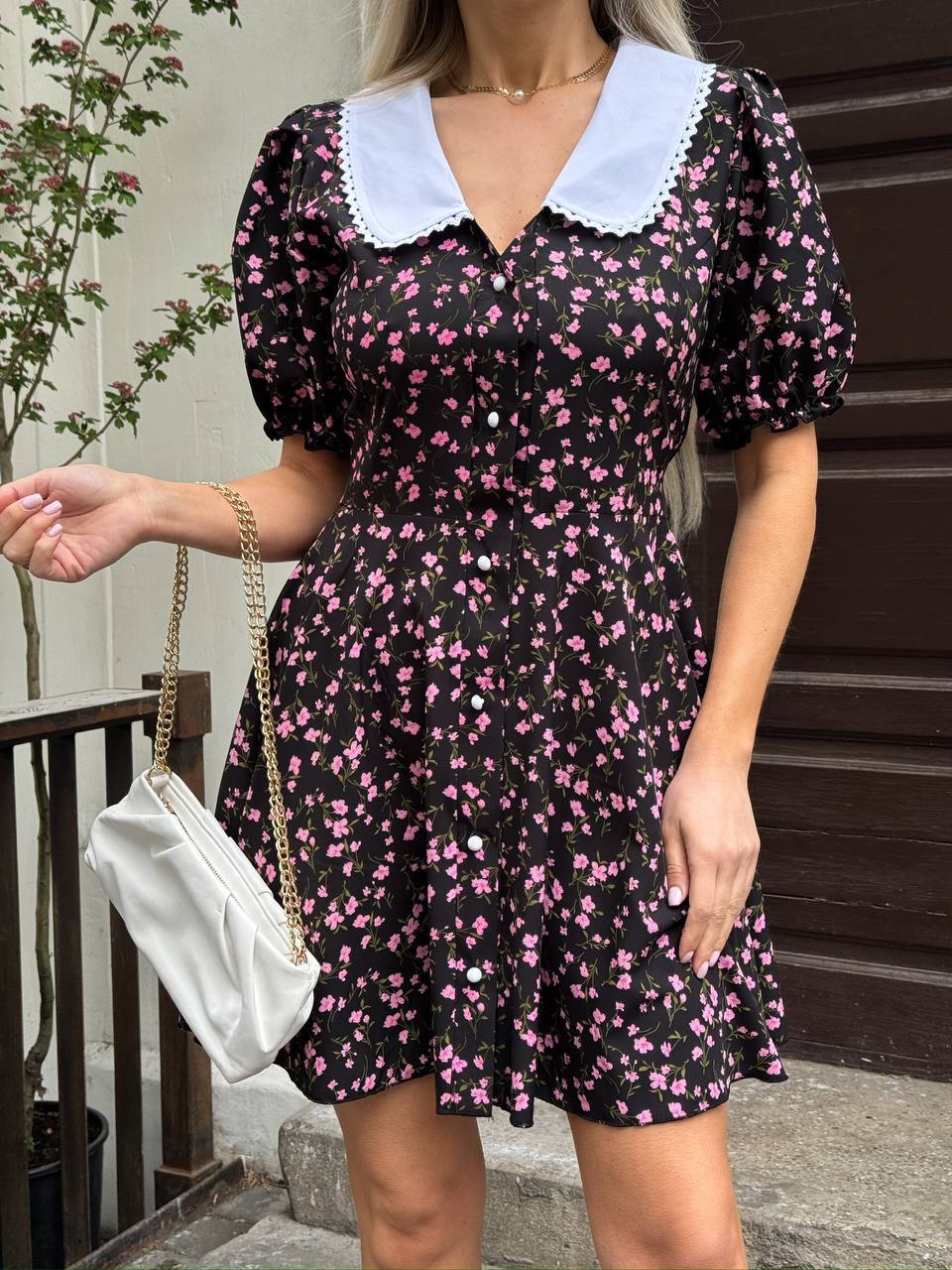 Black Floral Summer Dress Women Puff Sleeve Button Front White Collar Super Soft