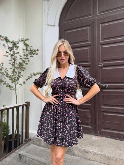 Black Floral Summer Dress Women Puff Sleeve Button Front White Collar Super Soft