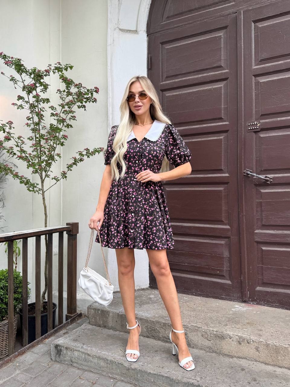 Black Floral Summer Dress Women Puff Sleeve Button Front White Collar Super Soft