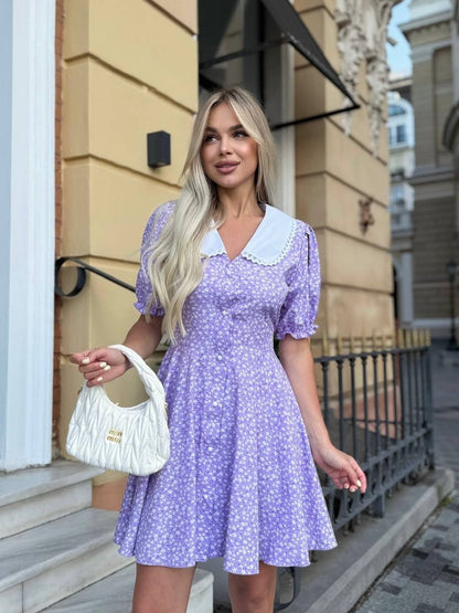 Lavender Floral Summer Dress Peter Pan Collar Button Front Lightweight Super Soft
