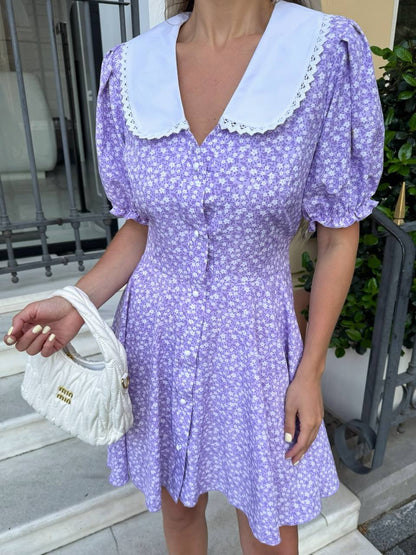 Lavender Floral Summer Dress Peter Pan Collar Button Front Lightweight Super Soft