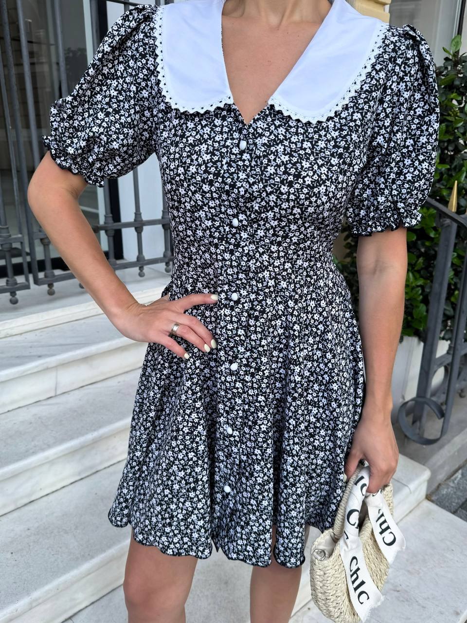 Black Floral Summer Dress with White Peter Pan Collar Puff Sleeves