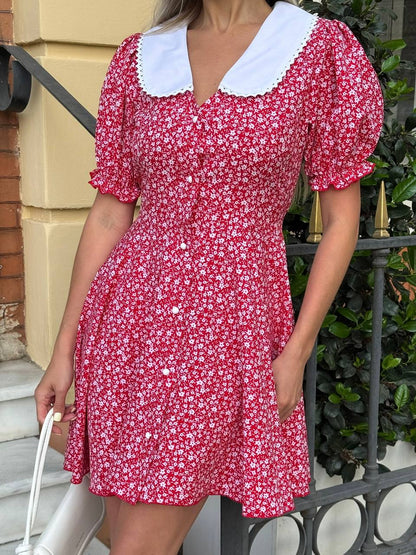 Red Floral Summer Dress with White Collar Puff Sleeve Women Super Soft Fabric