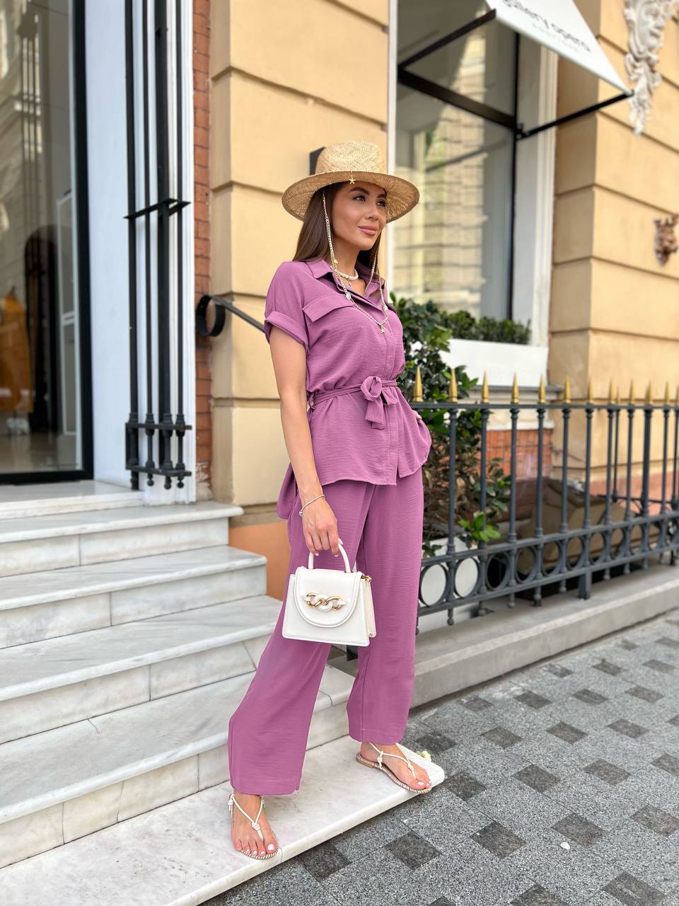 Mauve Womens Two Piece Crepe Suit Shirt And Elastic Waist Pants