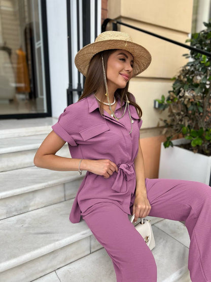 Mauve Womens Two Piece Crepe Suit Shirt And Elastic Waist Pants