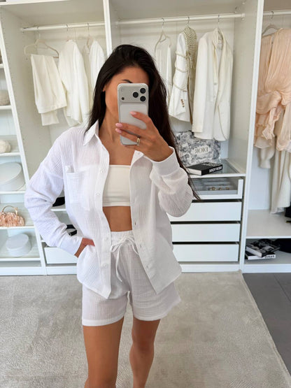Womens Muslin Two Piece Suit White Shirt and Shorts Summer Set