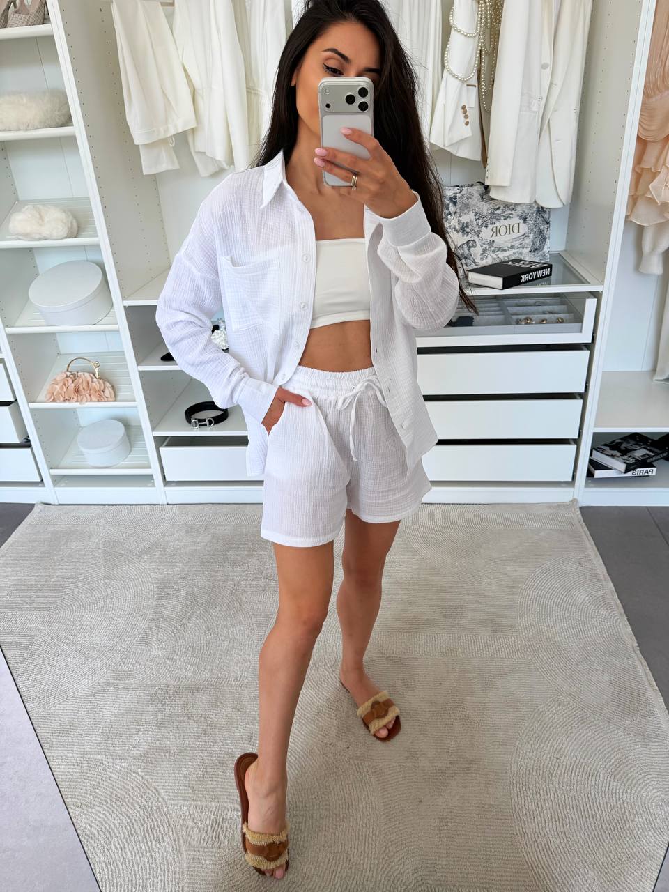 Womens Muslin Two Piece Suit White Shirt and Shorts Summer Set