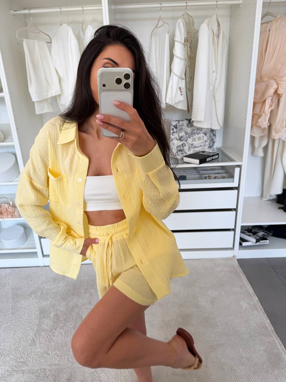 Yellow Muslin Two Piece Women Suit Shirt and Shorts Set