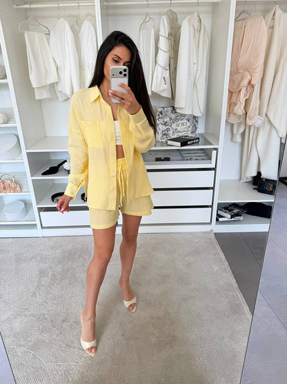 Yellow Muslin Two Piece Women Suit Shirt and Shorts Set