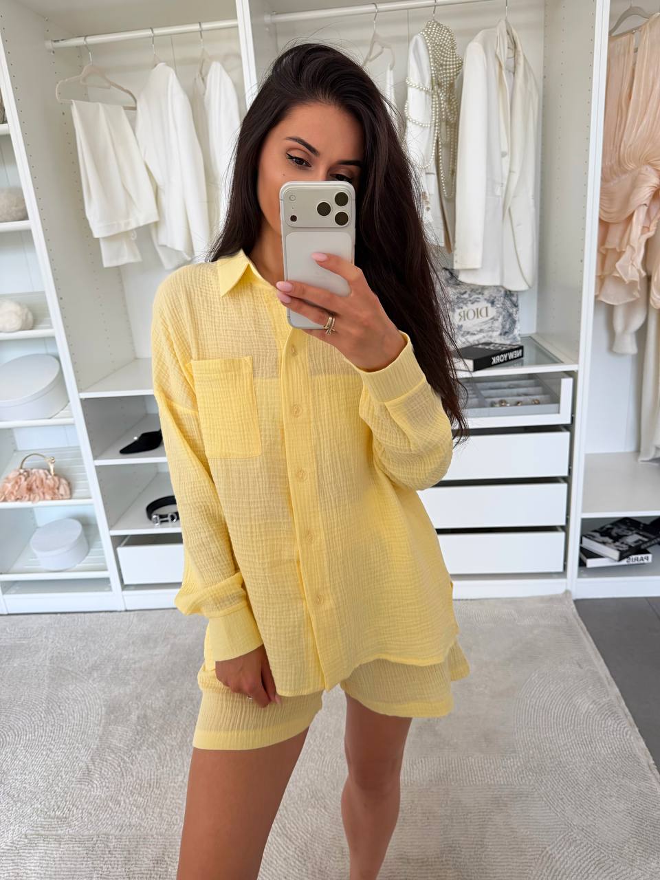 Yellow Muslin Two Piece Women Suit Shirt and Shorts Set