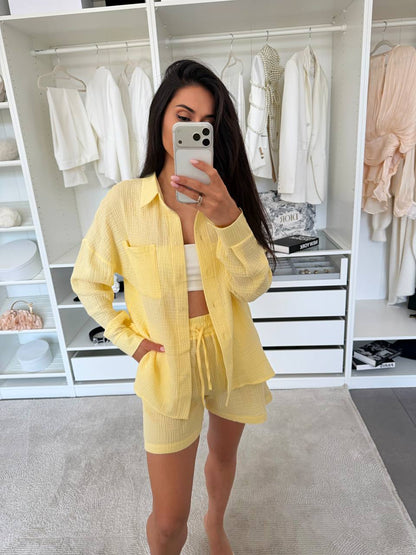Yellow Muslin Two Piece Women Suit Shirt and Shorts Set