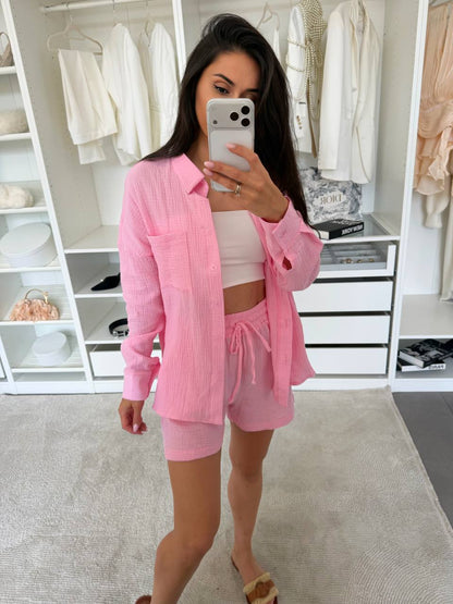 Womens Muslin Two Piece Set Pink Shirt And Shorts Summer Suit