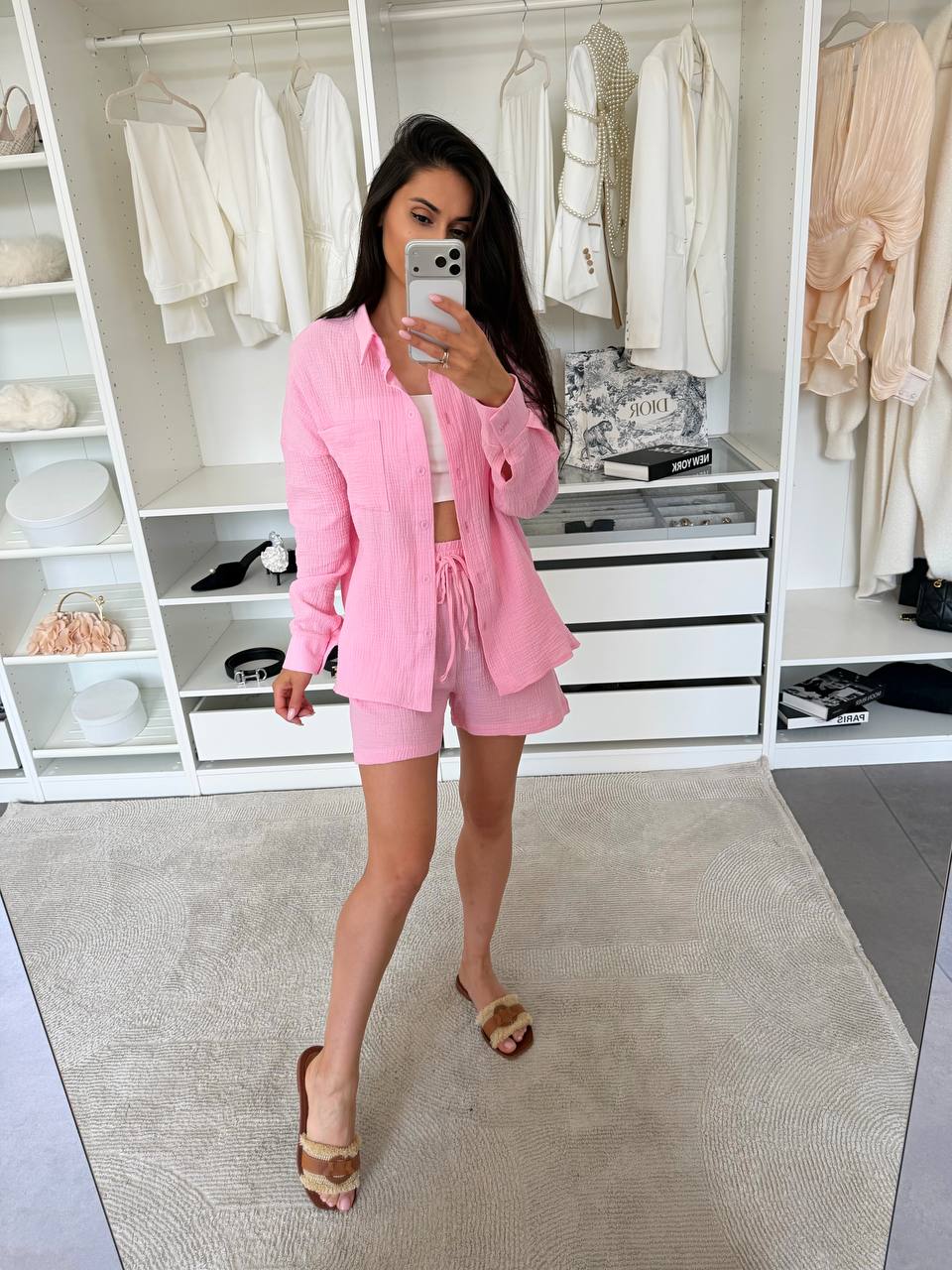 Womens Muslin Two Piece Set Pink Shirt And Shorts Summer Suit