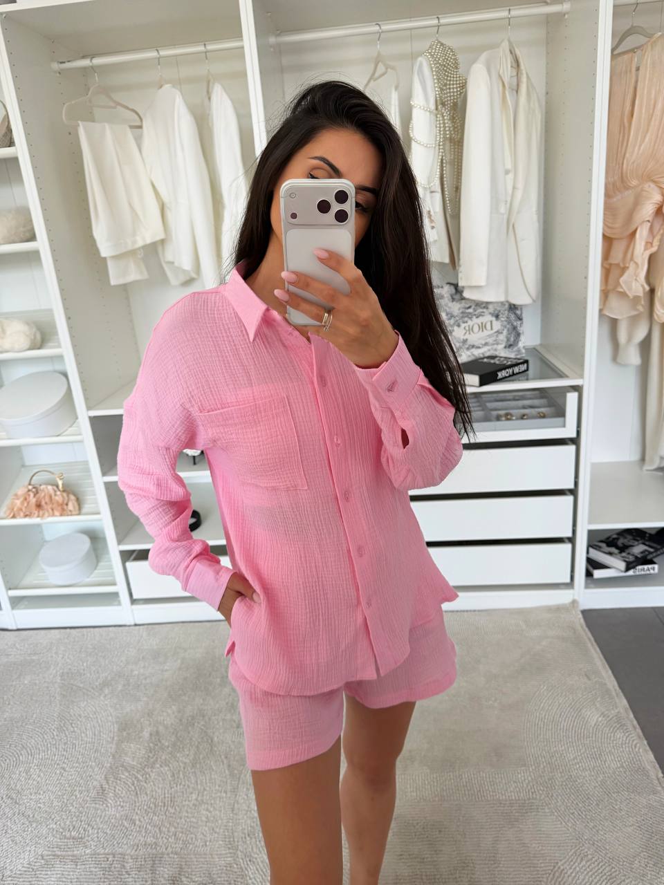 Womens Muslin Two Piece Set Pink Shirt And Shorts Summer Suit