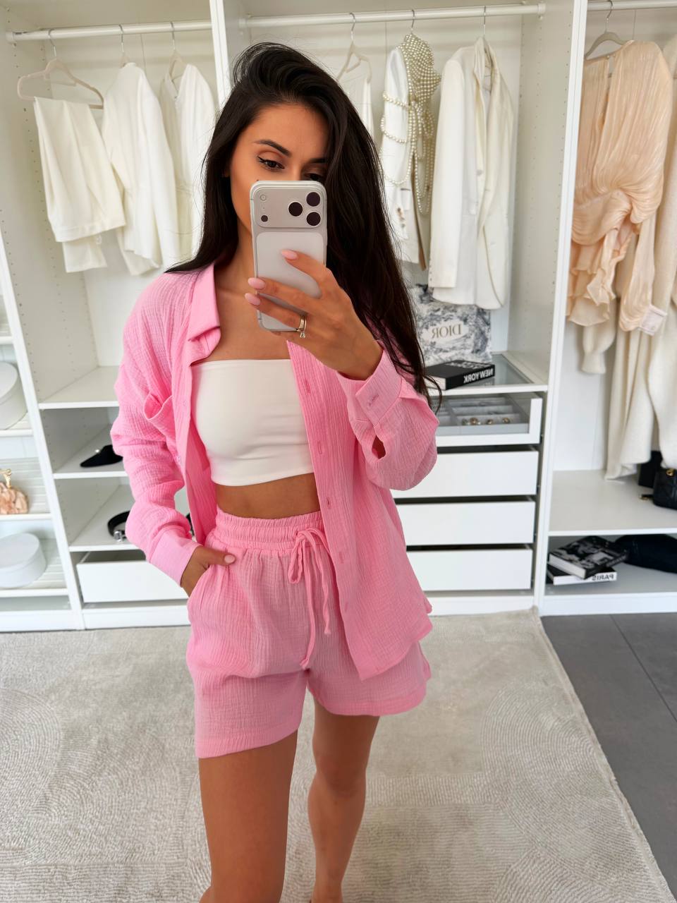 Womens Muslin Two Piece Set Pink Shirt And Shorts Summer Suit