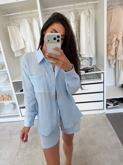 Womens Muslin Two Piece Set Shirt and Shorts Light Blue Summer Loungewear