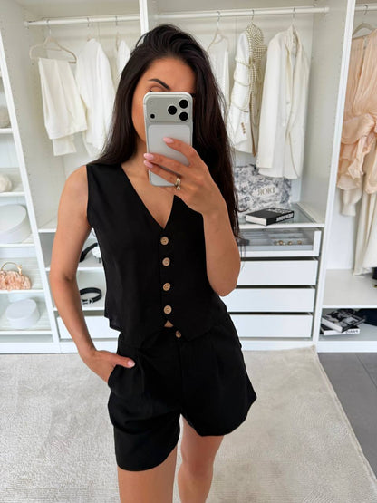 Womens Black Linen Two Piece Suit Vest And Shorts Summer Tailored Set
