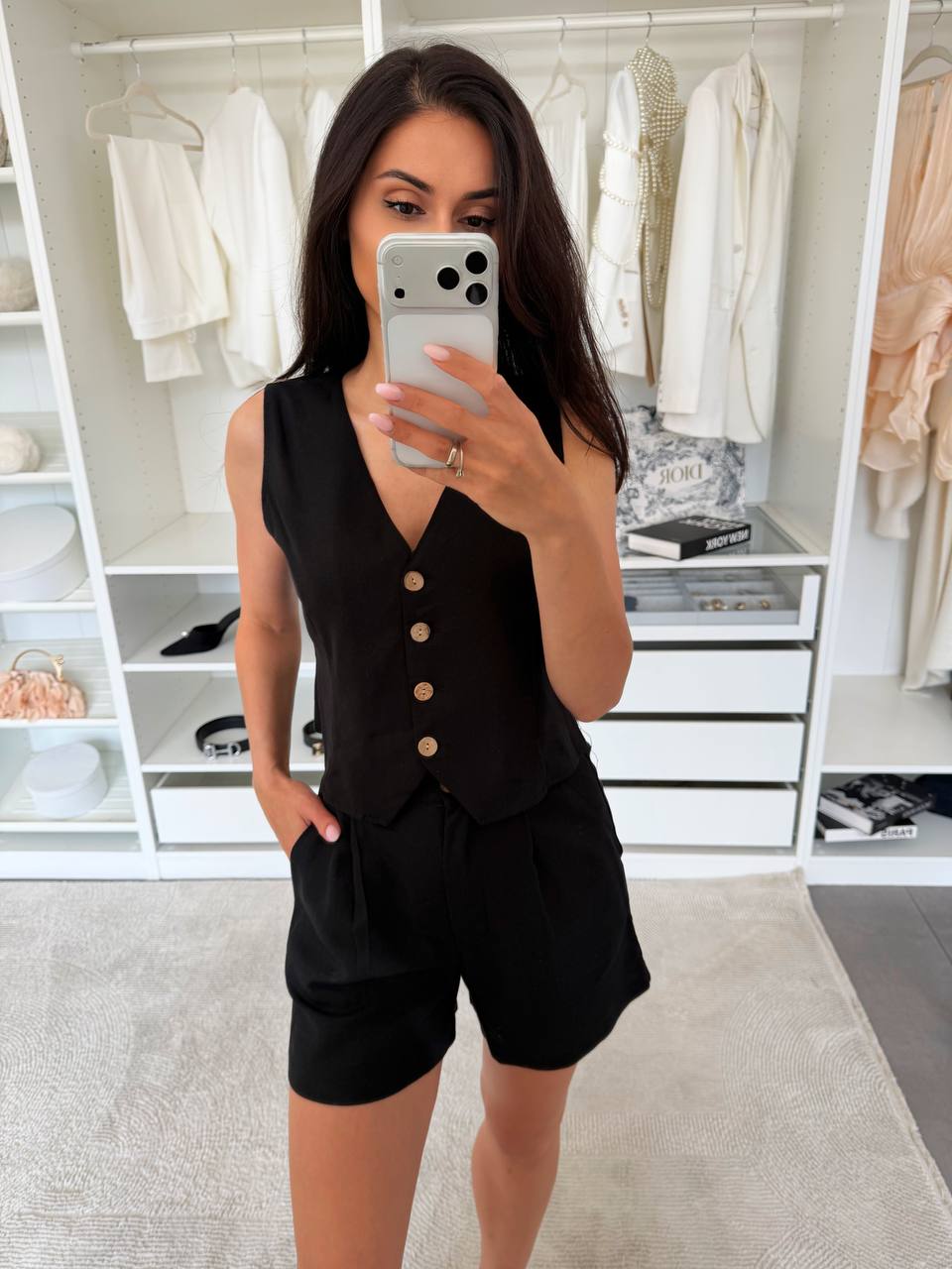 Womens Black Linen Two Piece Suit Vest And Shorts Summer Tailored Set