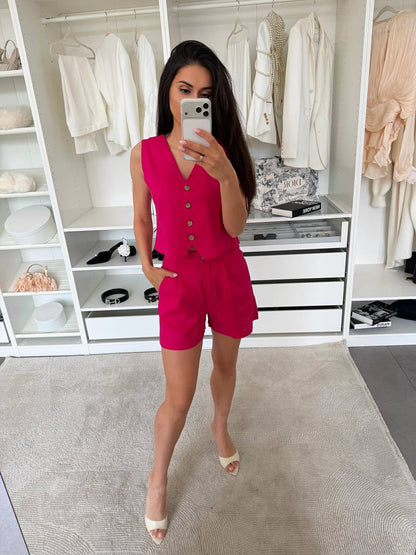 Womens Linen Two Piece Suit Vest and Shorts Set Fuchsia