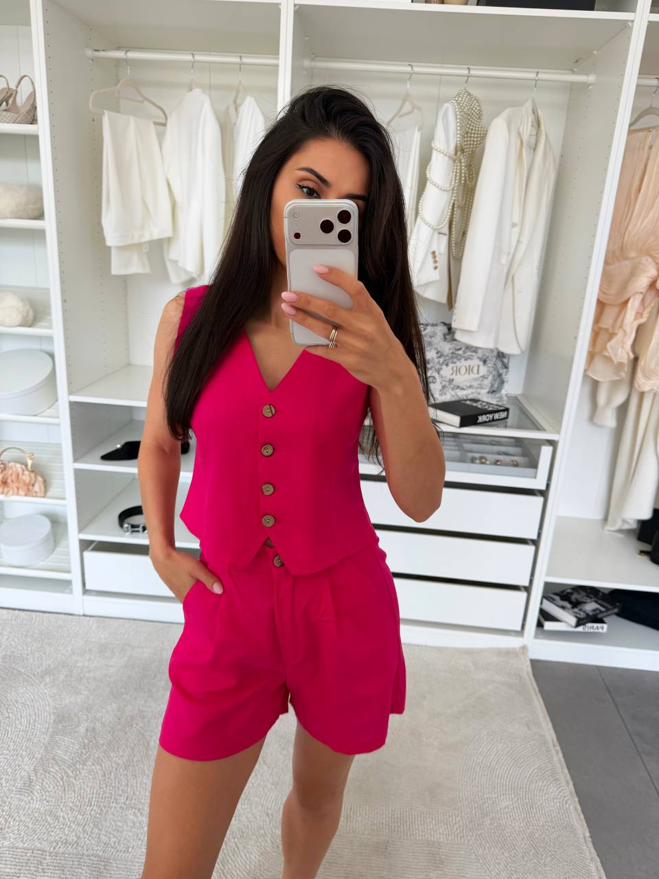 Womens Linen Two Piece Suit Vest and Shorts Set Fuchsia