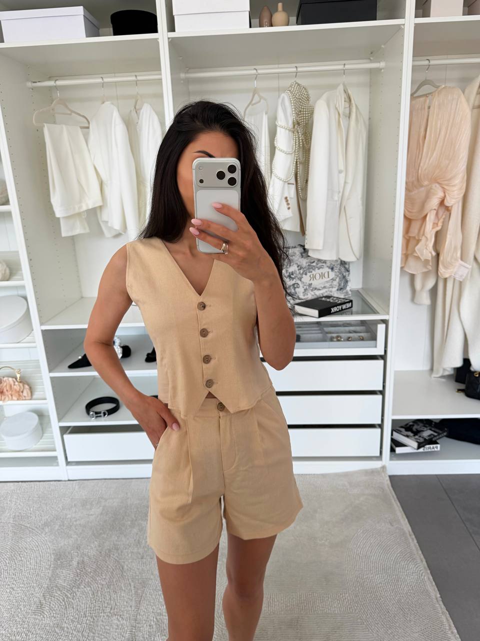 Beige Linen Two Piece Suit Women Vest and Shorts Set
