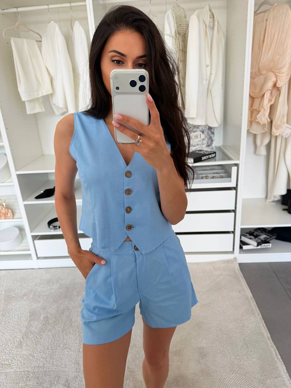 Women Linen Two Piece Vest and Shorts Set Sky Blue