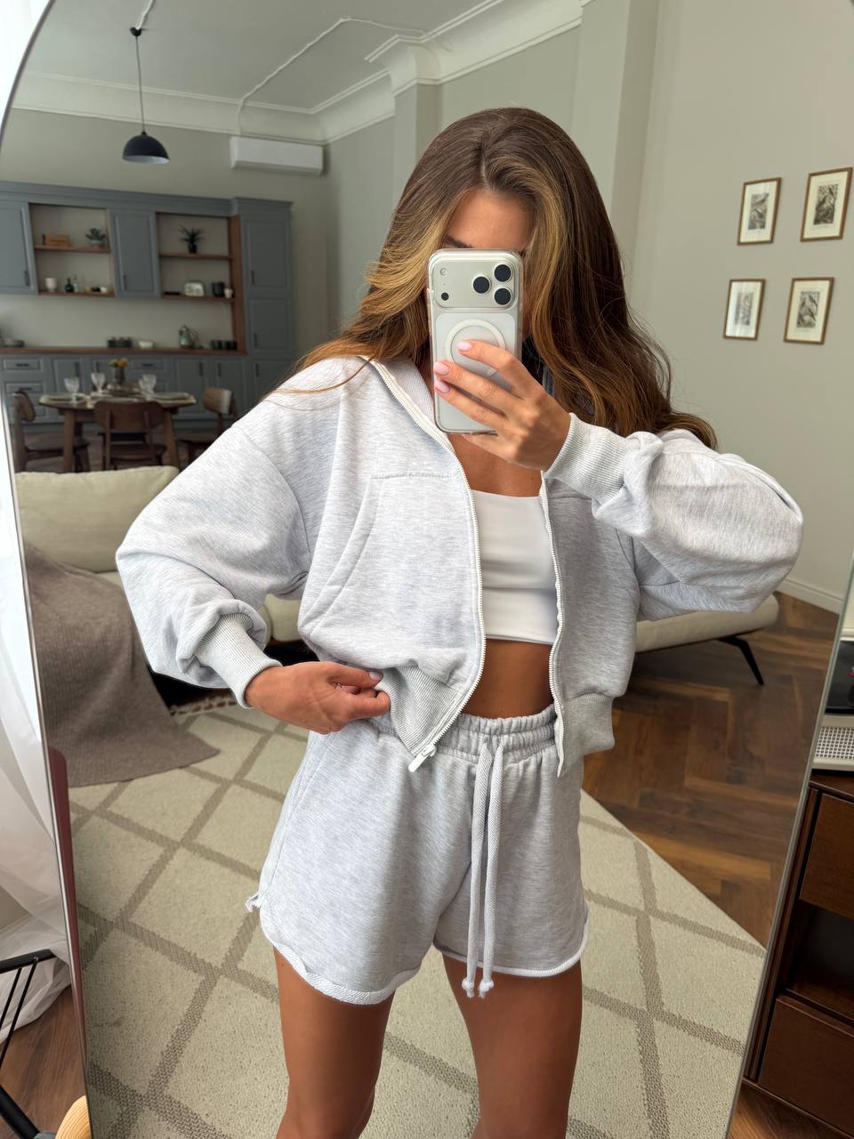 Womens Two Piece Loungewear Set Cotton Zip Hoodie And Shorts Light Gray