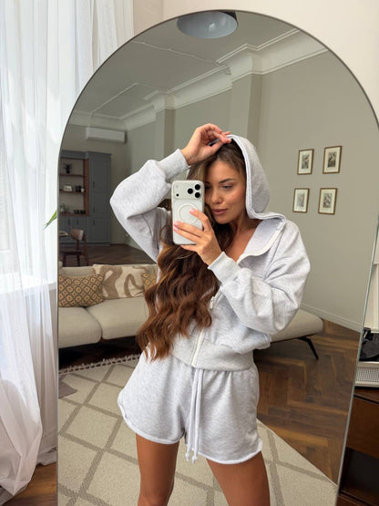 Womens Two Piece Loungewear Set Cotton Zip Hoodie And Shorts Light Gray