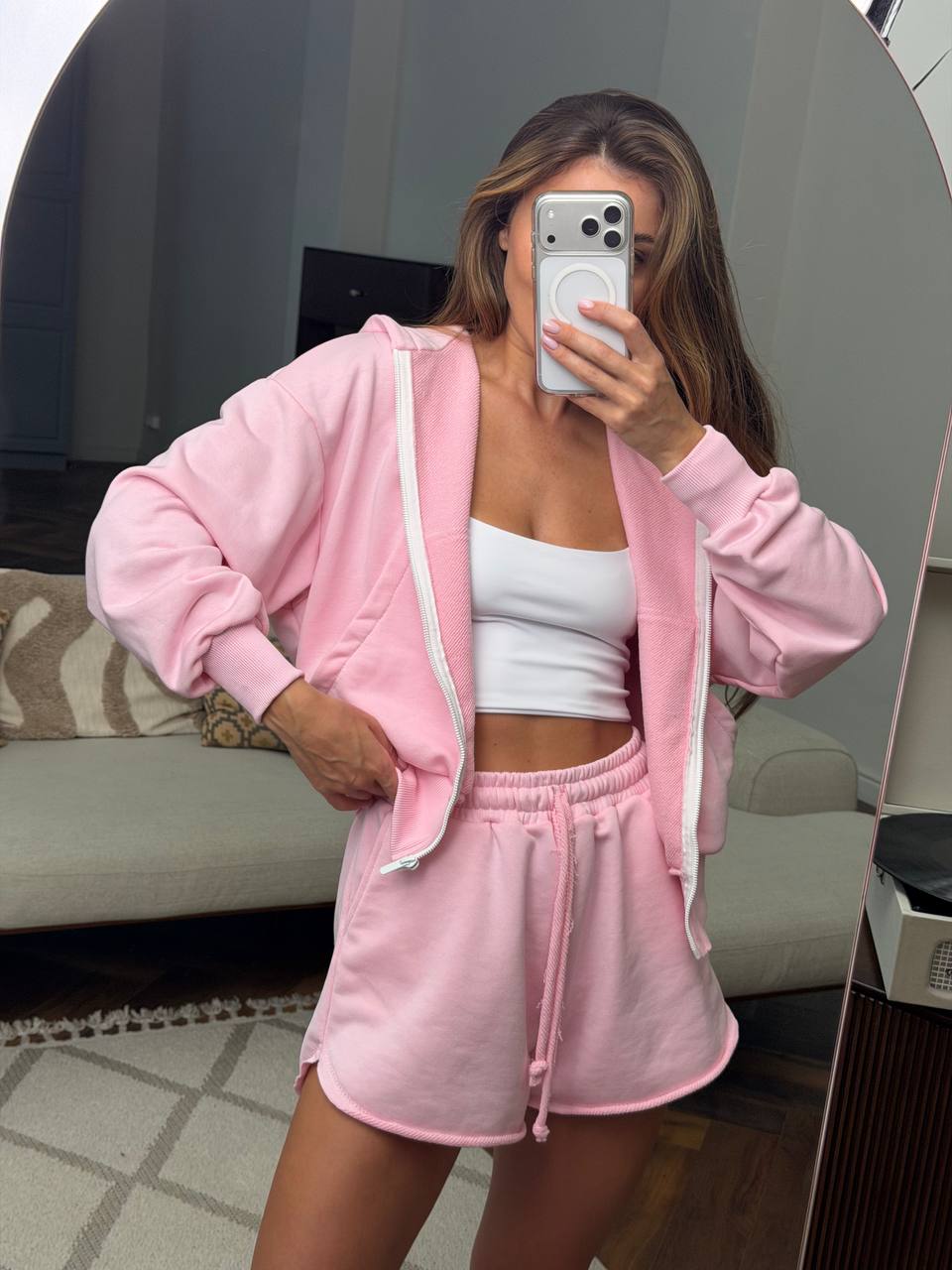 Women Two Piece Pink Cotton Loungewear Set Hoodie Shorts