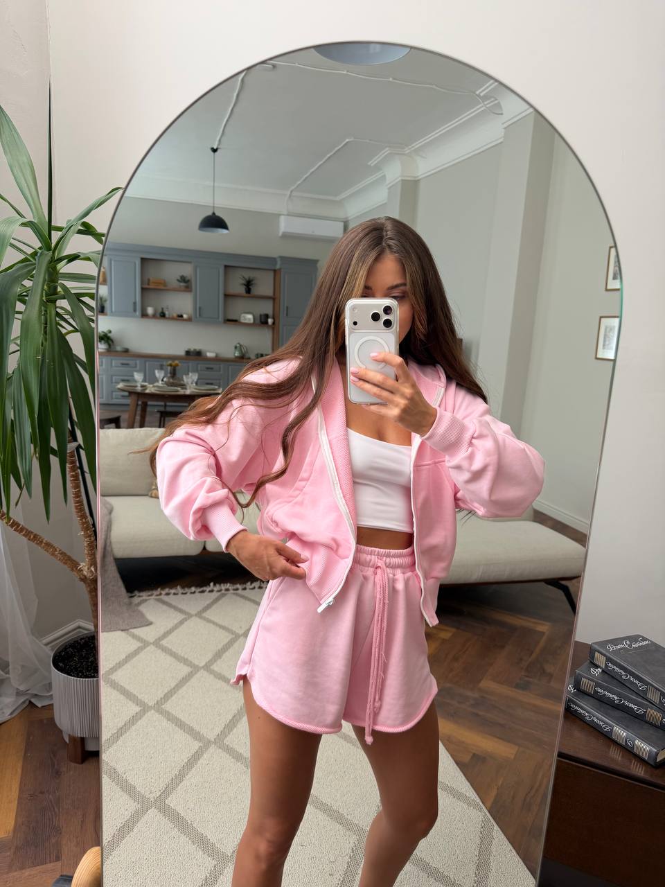 Women Two Piece Pink Cotton Loungewear Set Hoodie Shorts