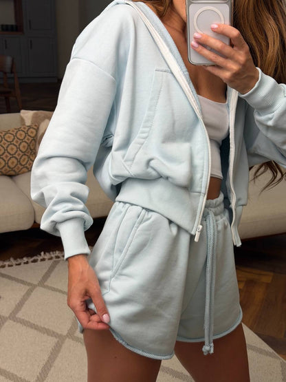 Womens Two Piece Loungewear Set Mint Cotton Zip Hoodie and Shorts