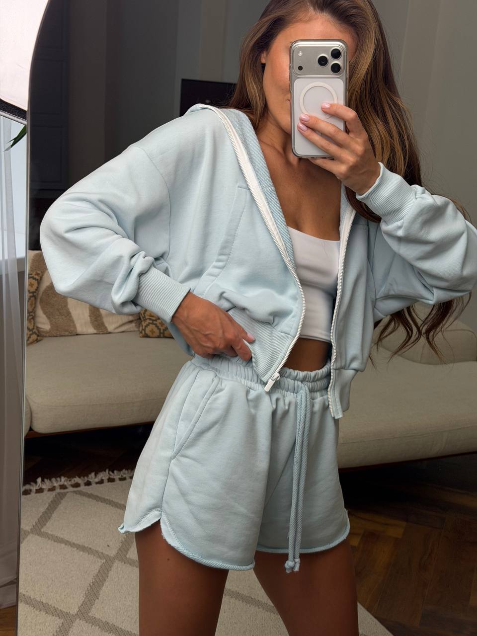Womens Two Piece Loungewear Set Mint Cotton Zip Hoodie and Shorts