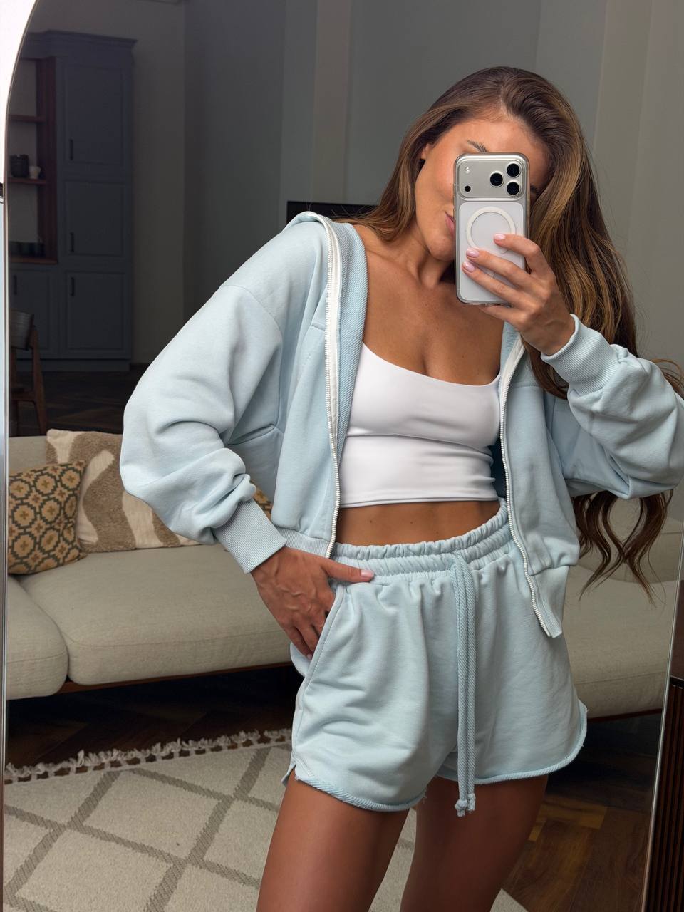 Womens Two Piece Loungewear Set Mint Cotton Zip Hoodie and Shorts