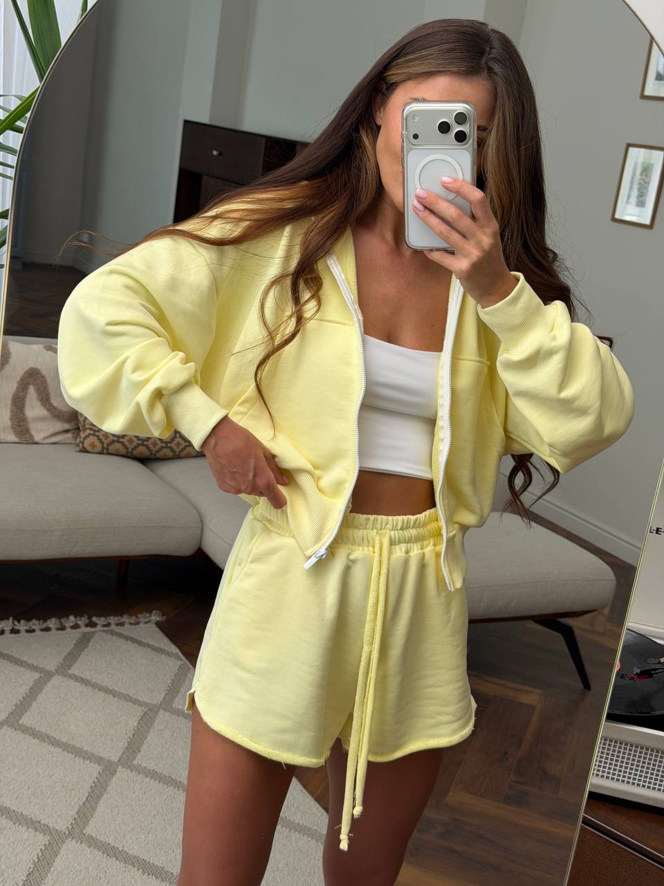 Yellow Womens Two Piece Cotton Lounge Suit Zip Hoodie And Shorts