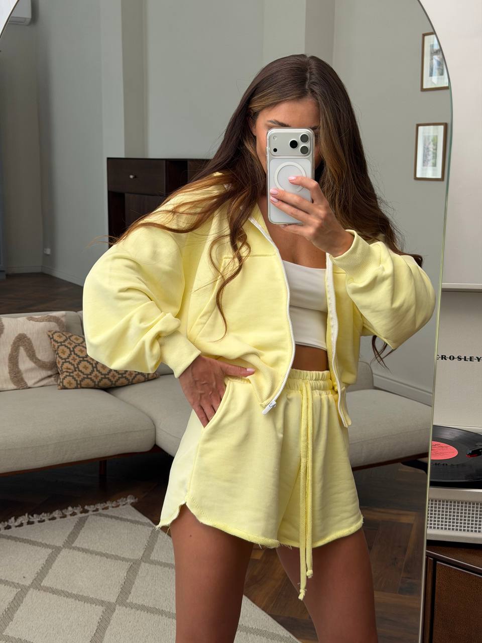 Yellow Womens Two Piece Cotton Lounge Suit Zip Hoodie And Shorts
